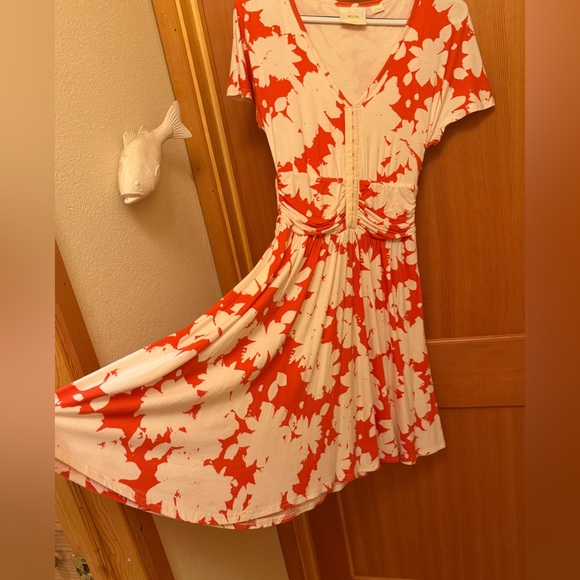 MAEVE Anthropologie Summer Breeze Dress S Orange/White Rayon Knit Ruched Waist - Picture 7 of 15